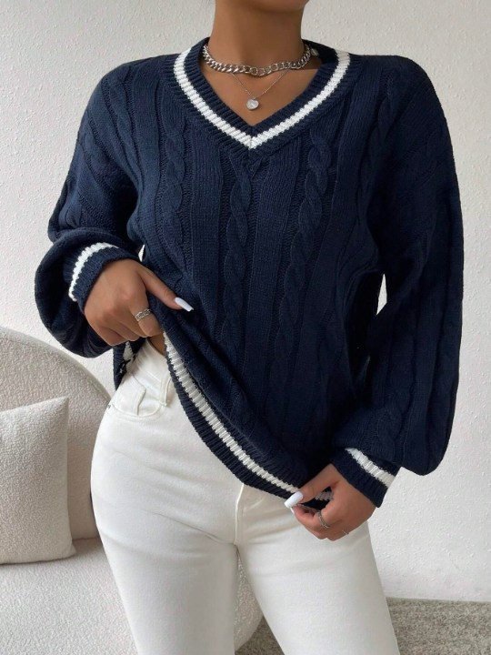 Essnce Striped Trim Cable Knit Drop Shoulder Sweater