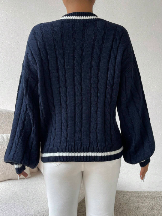 Essnce Striped Trim Cable Knit Drop Shoulder Sweater