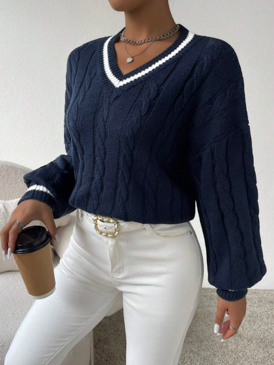 Essnce Striped Trim Cable Knit Drop Shoulder Sweater