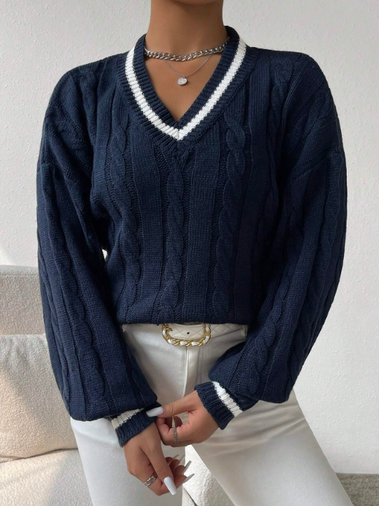 Essnce Striped Trim Cable Knit Drop Shoulder Sweater