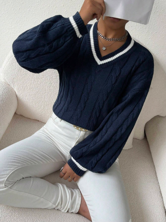 Essnce Striped Trim Cable Knit Drop Shoulder Sweater