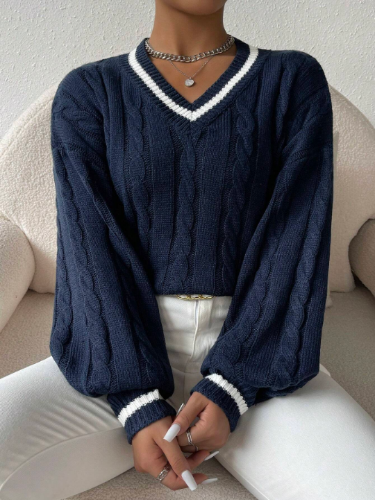 Essnce Striped Trim Cable Knit Drop Shoulder Sweater