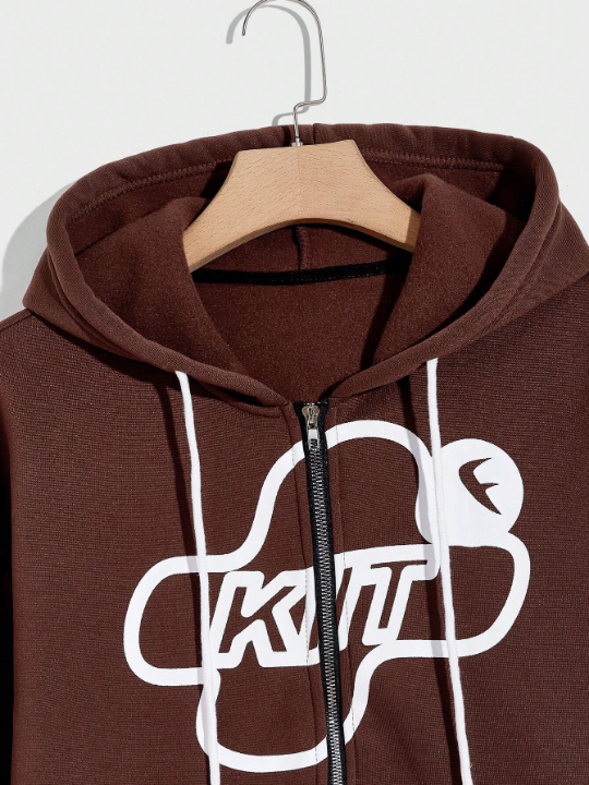 Manfinity Loose Fit Men's Letter Graphic Zip Up Hoodie With Drawstring And Thermal Lining