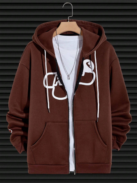 Manfinity Loose Fit Men's Letter Graphic Zip Up Hoodie With Drawstring And Thermal Lining