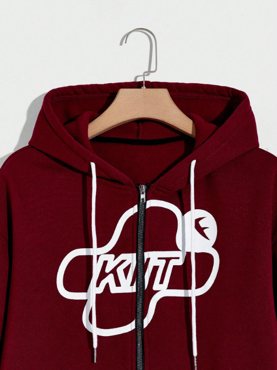 Manfinity Loose Fit Men's Letter Graphic Zip Up Hoodie With Thermal Lining & Drawstring