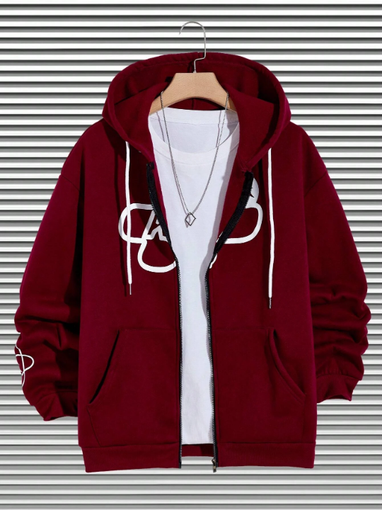 Manfinity Loose Fit Men's Letter Graphic Zip Up Hoodie With Thermal Lining & Drawstring