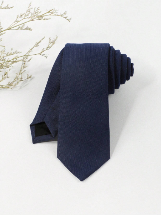 1pc Men's Fashionable Business Solid Color Dark Blue Necktie Made Of Suit Fabric, Suitable For Daily Wear