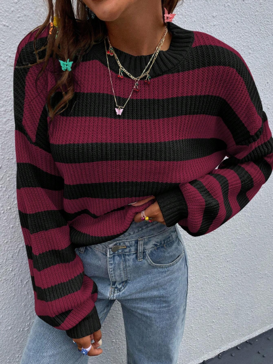 Striped Pattern Drop Shoulder Sweater