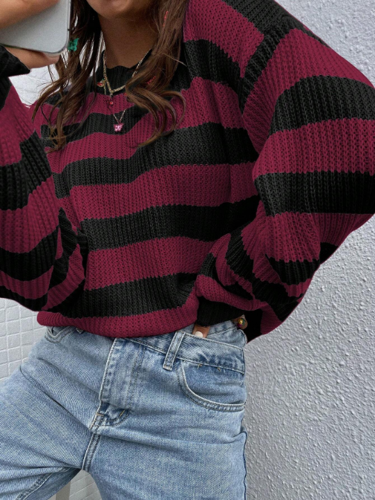 Striped Pattern Drop Shoulder Sweater