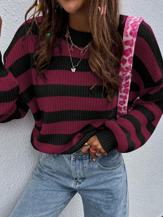 Striped Pattern Drop Shoulder Sweater