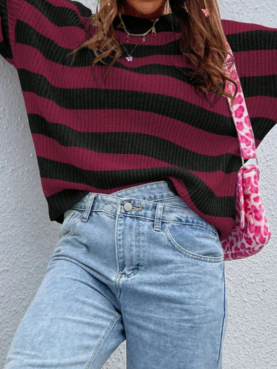 Striped Pattern Drop Shoulder Sweater