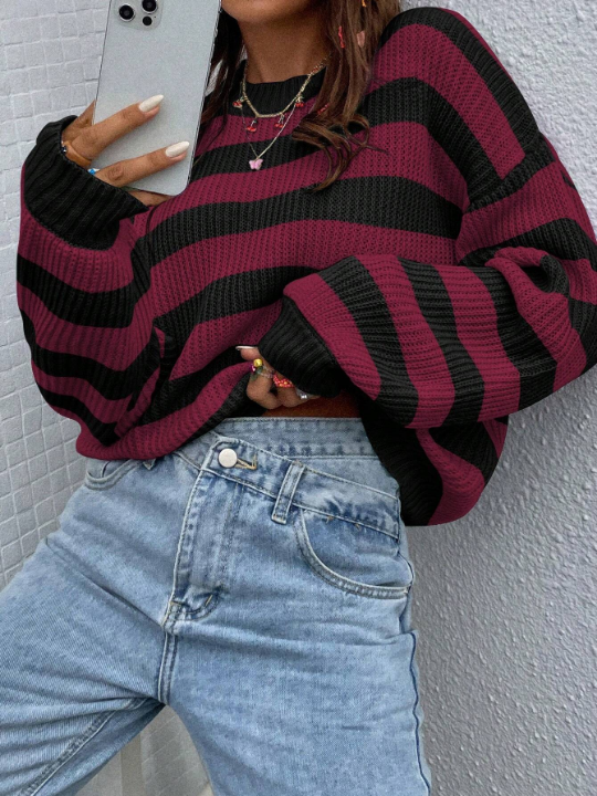 Striped Pattern Drop Shoulder Sweater