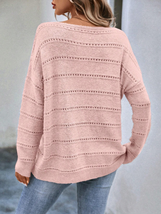 LUNE Boat Neck Pointelle Knit Drop Shoulder Sweater