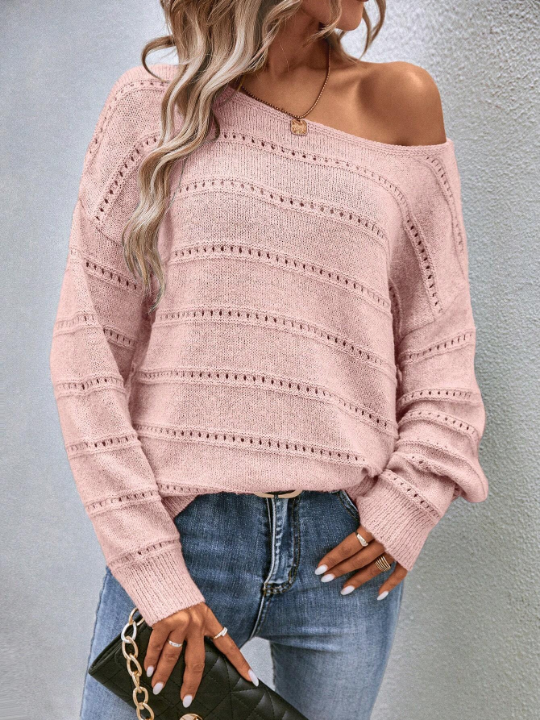 LUNE Boat Neck Pointelle Knit Drop Shoulder Sweater