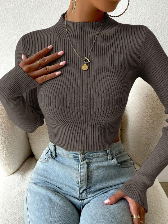 Essnce Mock Neck Ribbed Knit Crop Sweater