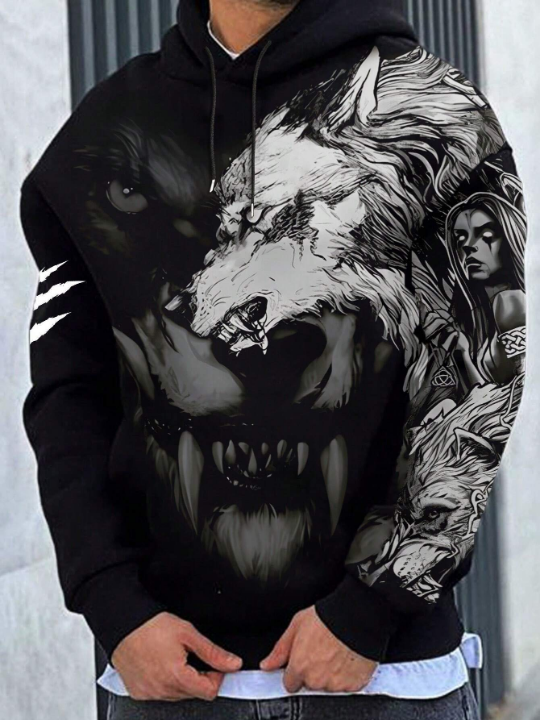 Manfinity LEGND Men Wolf & Figure Print Drawstring Hoodie