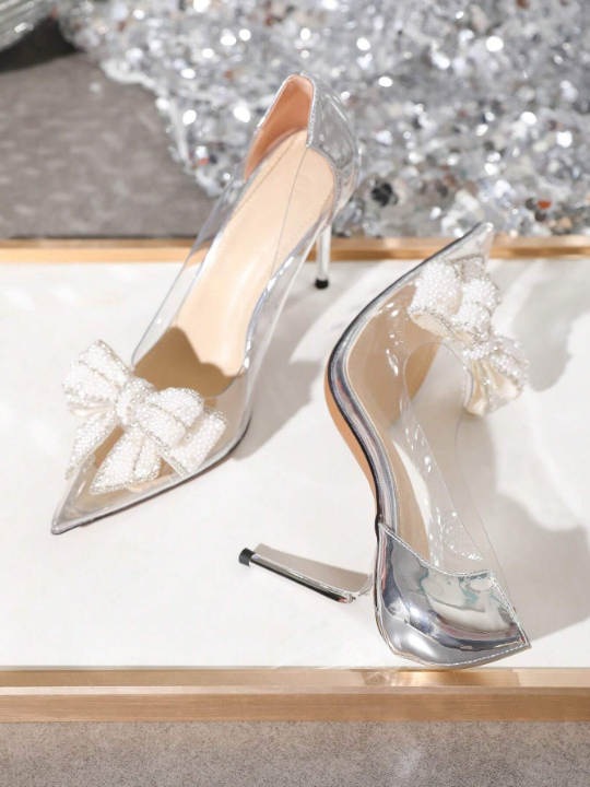 Women's Bow-Knot & Faux Pearl Decor High Heels, Pointed Toe & Stiletto Heel, Fashionable Silver Pumps