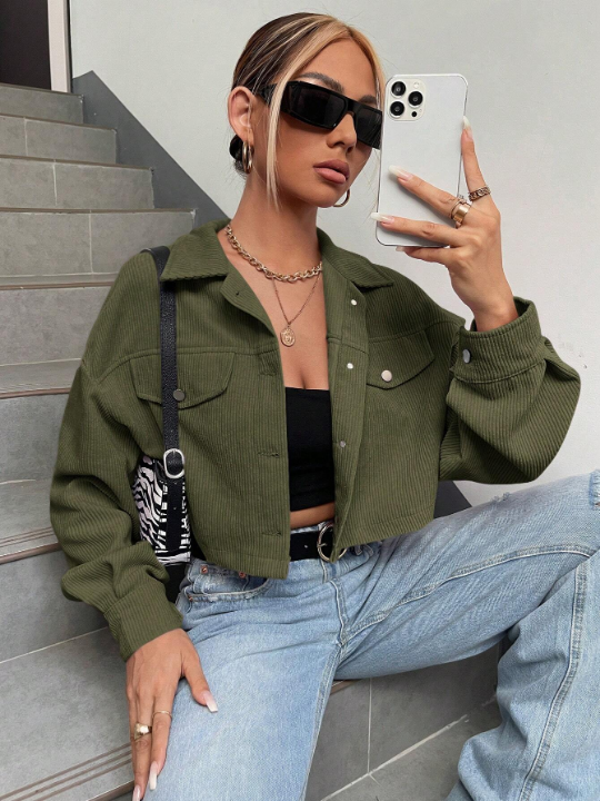 EZwear Flap Detail Drop Shoulder Crop Corduroy Jacket