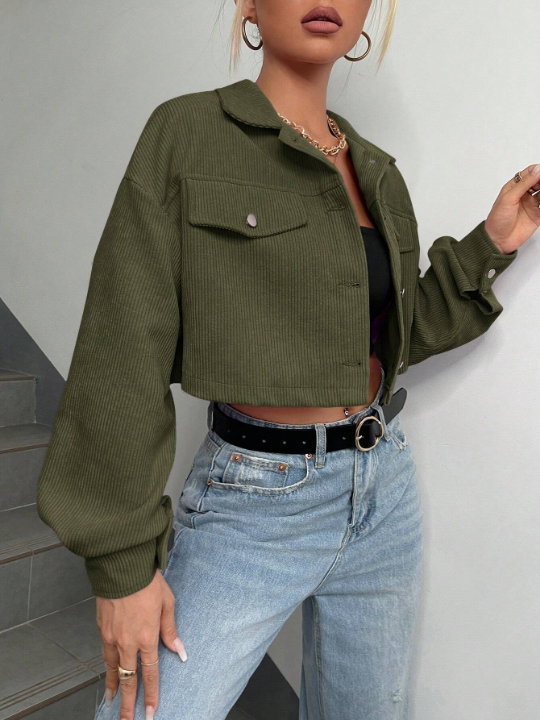 EZwear Flap Detail Drop Shoulder Crop Corduroy Jacket