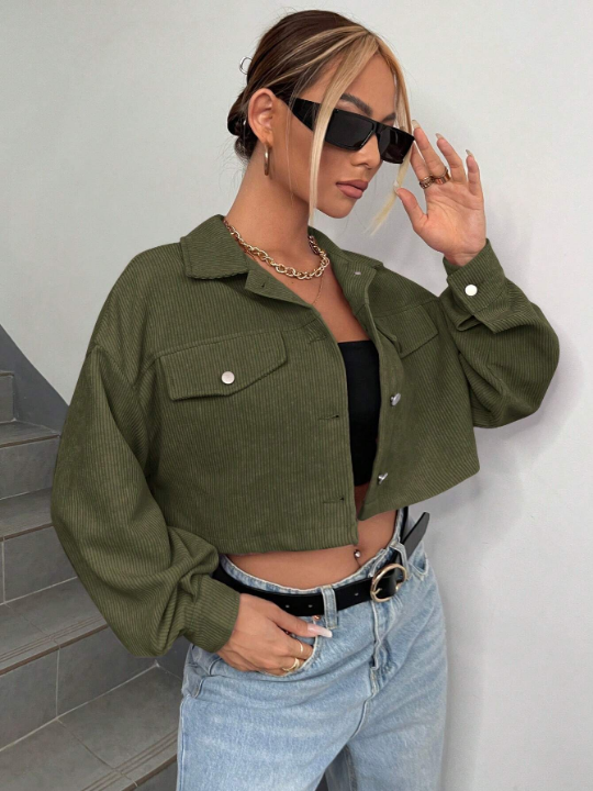 EZwear Flap Detail Drop Shoulder Crop Corduroy Jacket