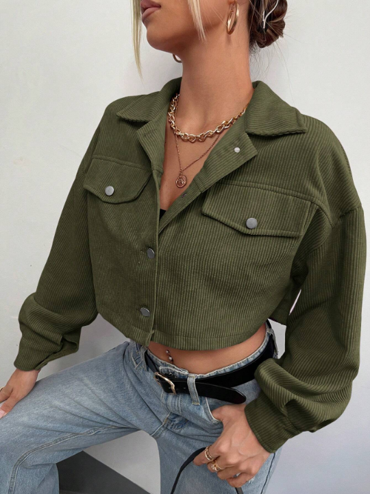 EZwear Flap Detail Drop Shoulder Crop Corduroy Jacket