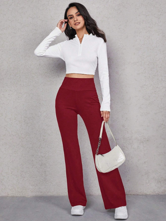 EZwear Solid Wideband Waist Flare Leg Pants