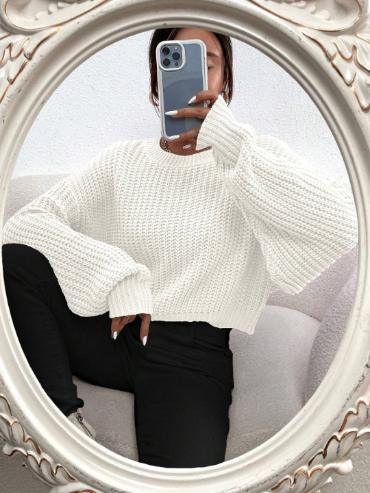 Frenchy Solid Ribbed Knit Drop Shoulder Sweater