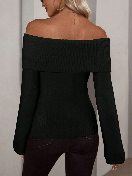 Priv Off Shoulder Foldover Ribbed Knit Sweater