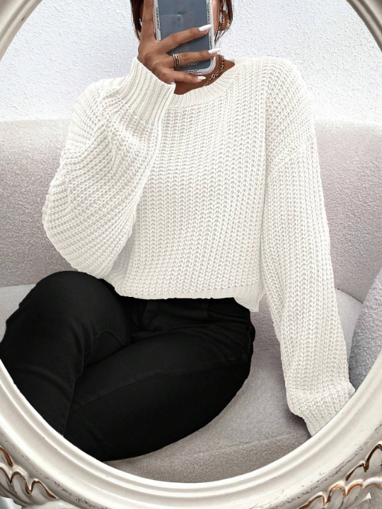 Frenchy Solid Ribbed Knit Drop Shoulder Sweater