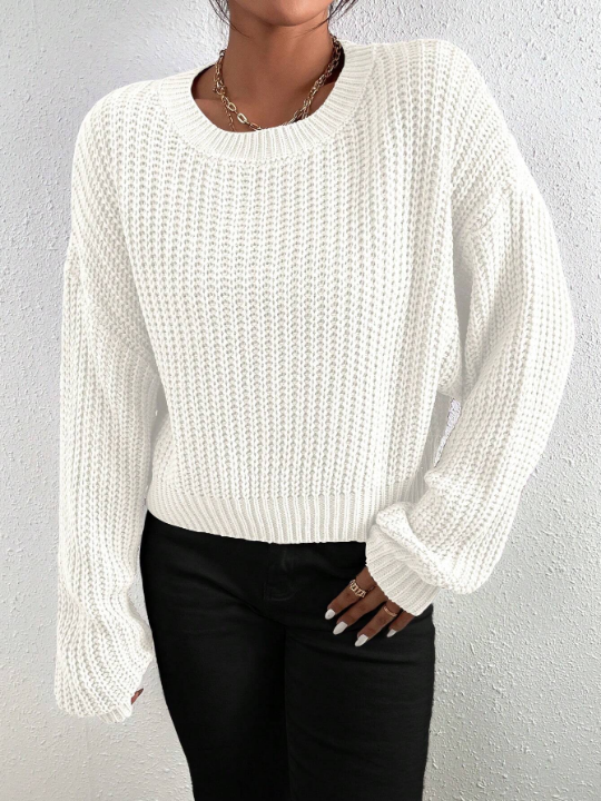 Frenchy Solid Ribbed Knit Drop Shoulder Sweater