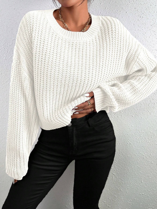 Frenchy Solid Ribbed Knit Drop Shoulder Sweater