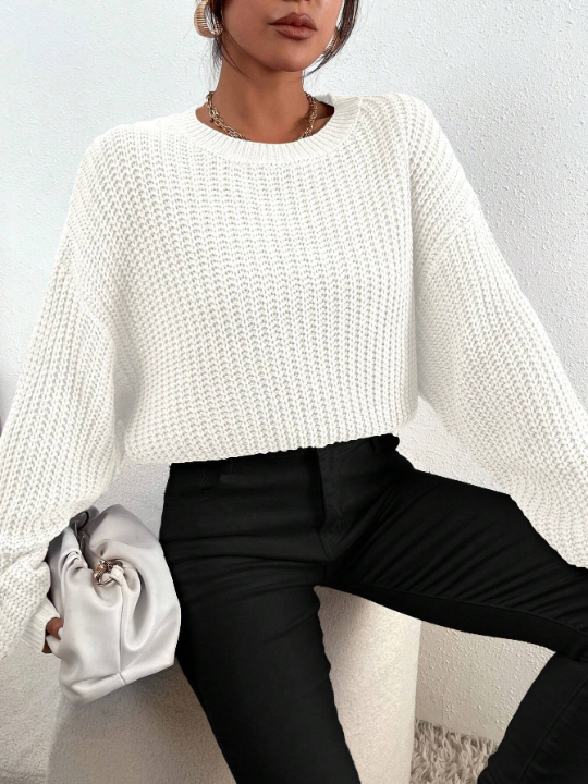 Frenchy Solid Ribbed Knit Drop Shoulder Sweater