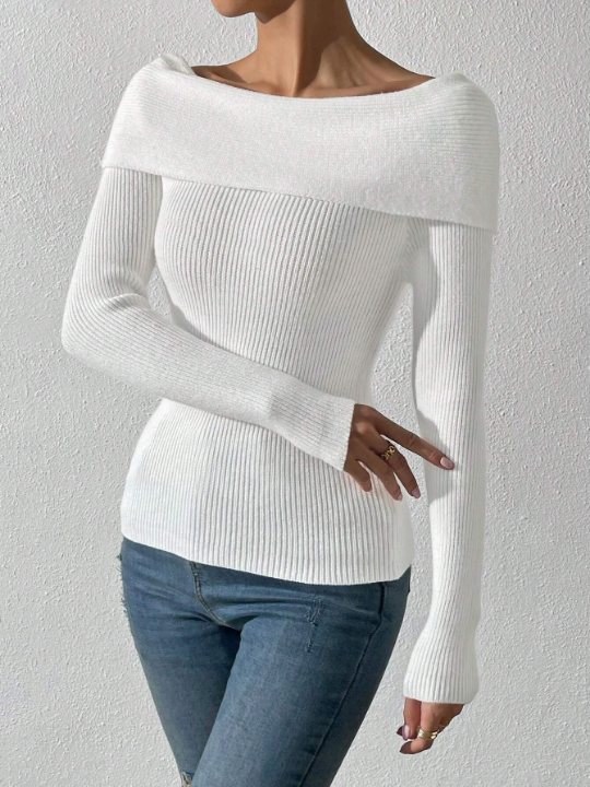 Priv Foldover Off Shoulder Rib-knit Sweater