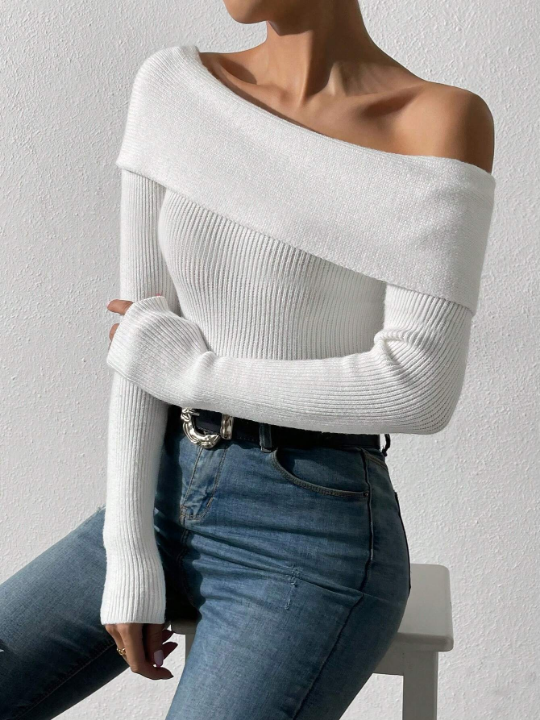 Priv Foldover Off Shoulder Rib-knit Sweater