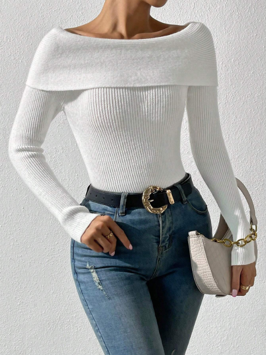 Priv Foldover Off Shoulder Rib-knit Sweater