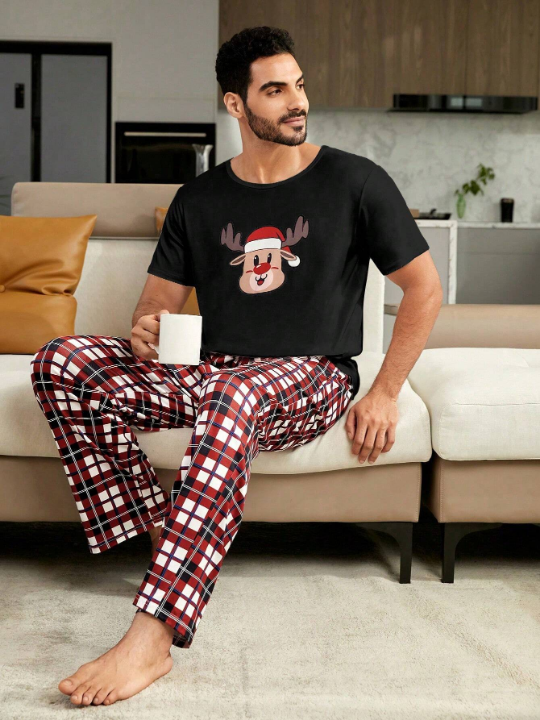 1pc Christmas Print Tee & 1pc Plaid Print Pants Lounge Set