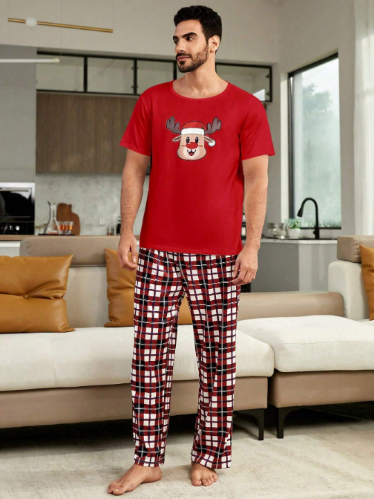 1pc Christmas Print Sleep Tee & 1pc Plaid Sleep Pants