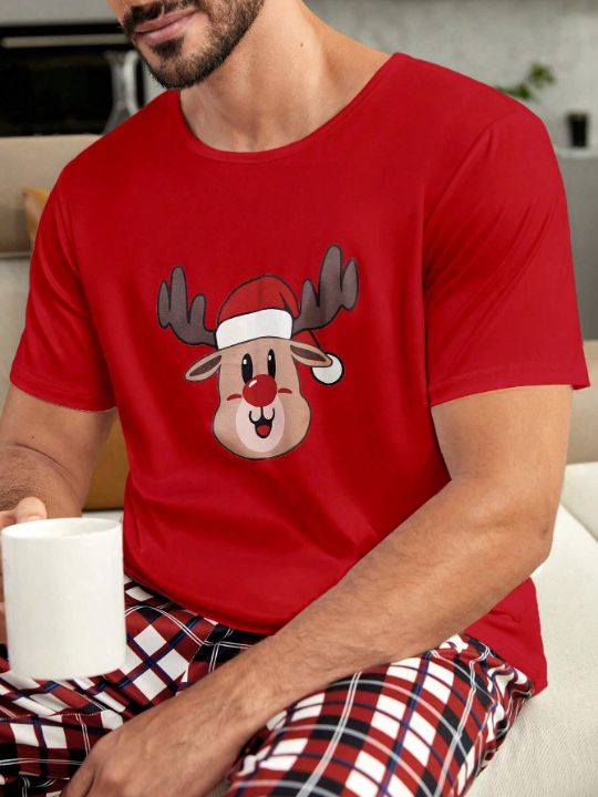 1pc Christmas Print Sleep Tee & 1pc Plaid Sleep Pants