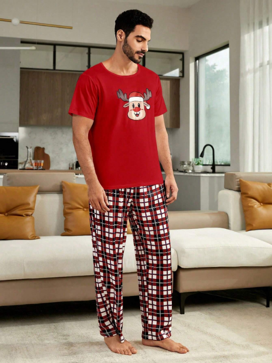 1pc Christmas Print Sleep Tee & 1pc Plaid Sleep Pants