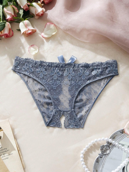 Floral Lace Bow Back Open Crotch Panty