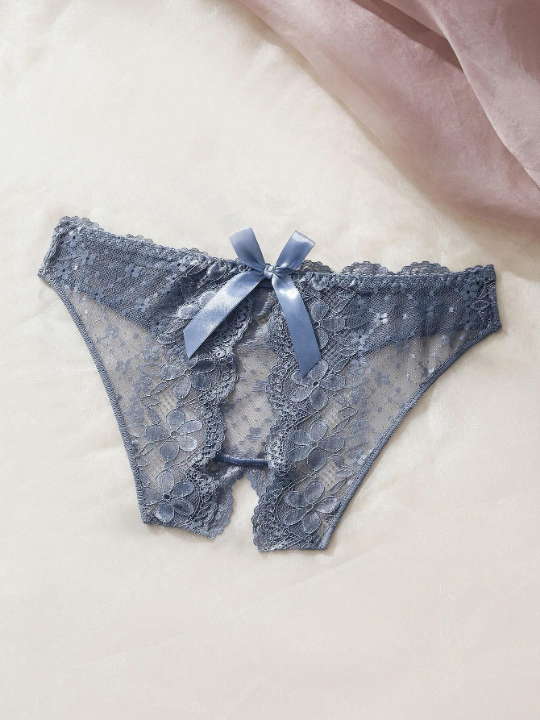 Floral Lace Bow Back Open Crotch Panty