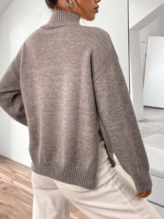 Essnce High Neck Drop Shoulder Split Hem Sweater
