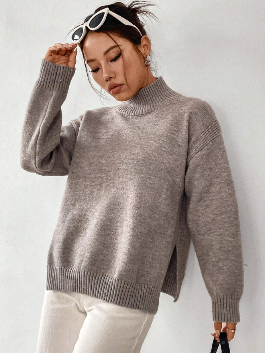 Essnce High Neck Drop Shoulder Split Hem Sweater