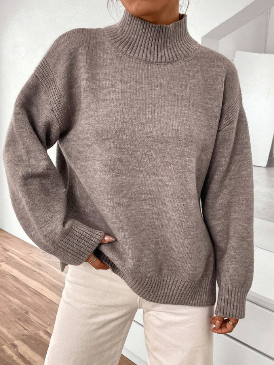 Essnce High Neck Drop Shoulder Split Hem Sweater