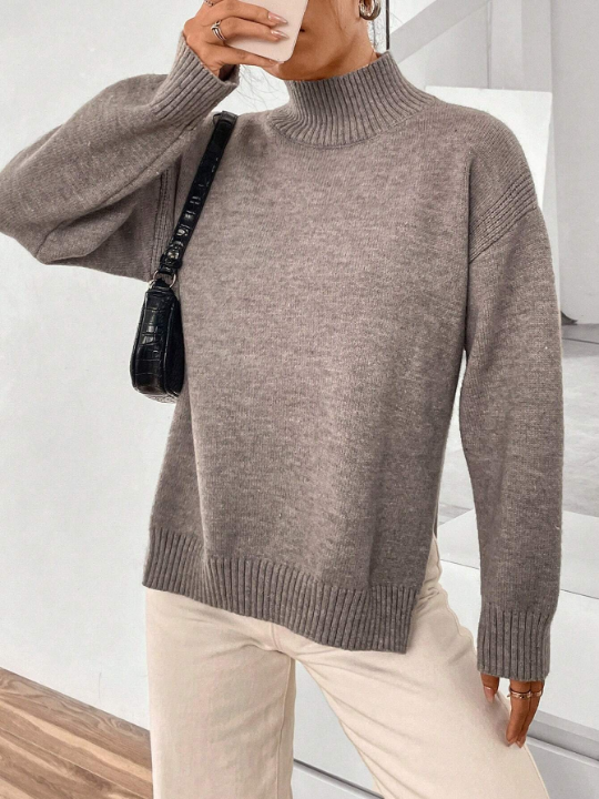 Essnce High Neck Drop Shoulder Split Hem Sweater