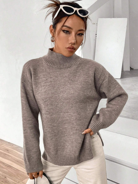 Essnce High Neck Drop Shoulder Split Hem Sweater