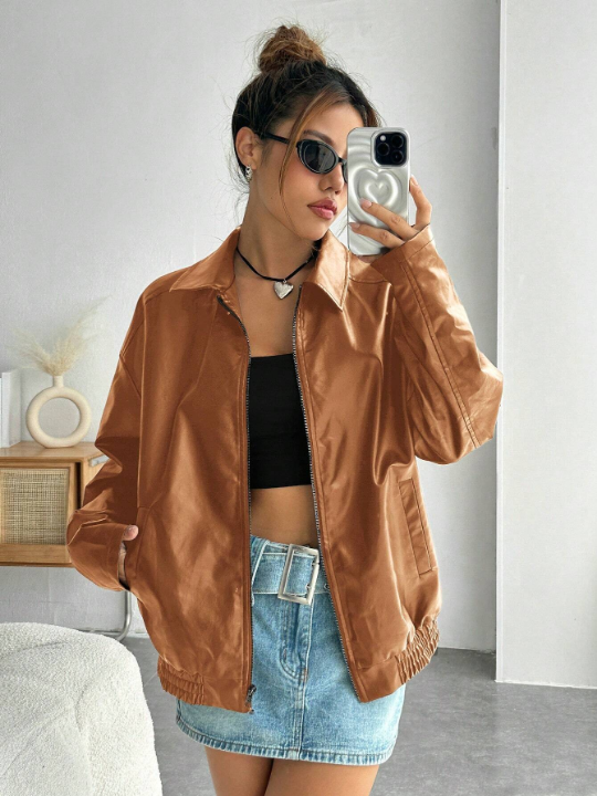 EZwear Drop Shoulder Zip Up PU Leather Coat