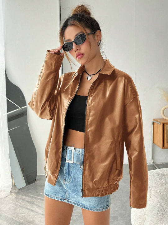 EZwear Drop Shoulder Zip Up PU Leather Coat