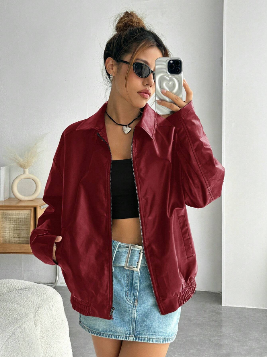 EZwear Casual Off-Shoulder Zipped PU Leather Coat