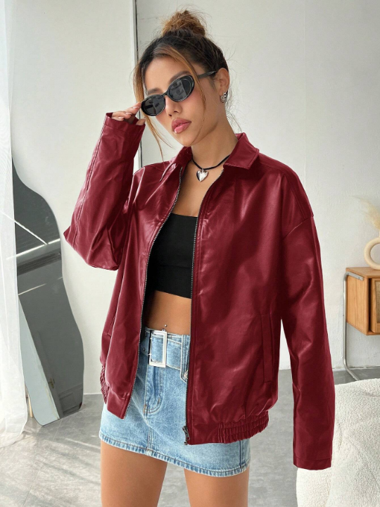 EZwear Casual Off-Shoulder Zipped PU Leather Coat